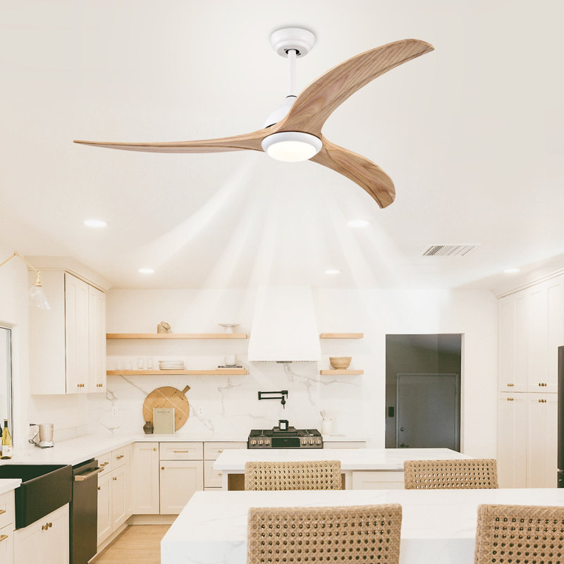 Ventilateur de plafond à pales en bois massif 52 po, ventilateur de plafond intérieur extérieur avec éclairage avec télécommande, moteur réversible silencieux, 6 vitesses, 3 couleurs, pour salon de patio, chambre à coucher, bureau, intérieur (blanc mat)