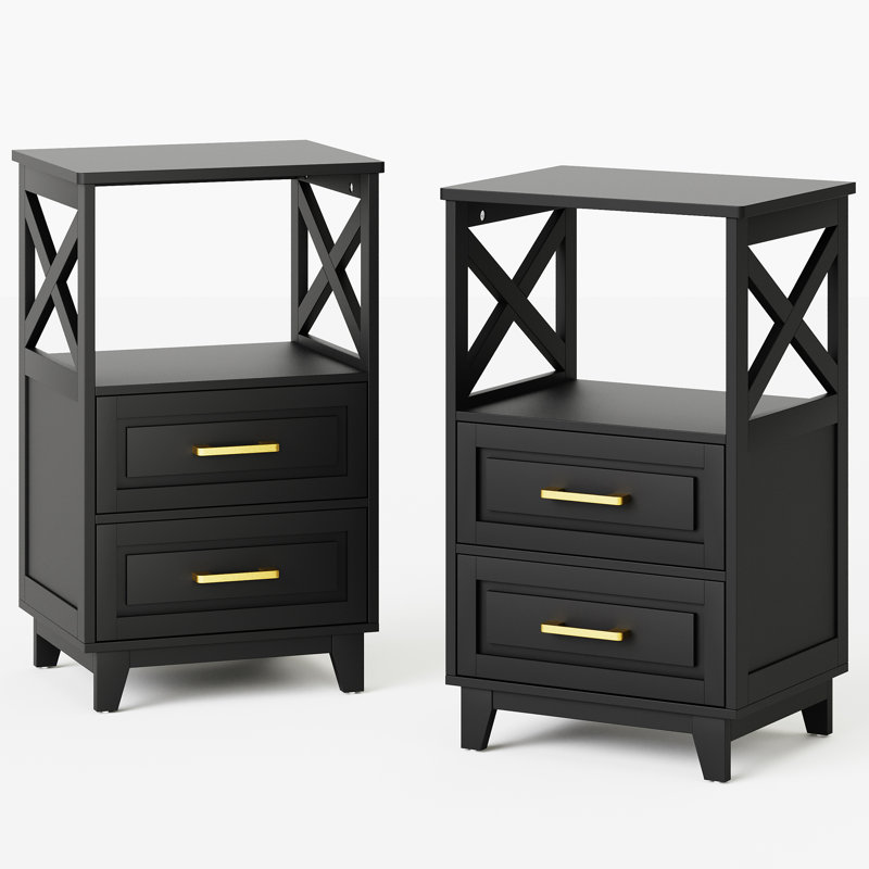Marnae 2-Drawer Wood Nightstand, Set of 2, Black