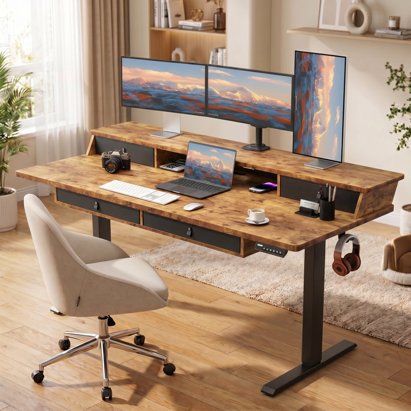 Jeneffer Computer Standing Desk with 4 Drawers for Home Office，Electric Height Adjustable Gaming Desk with Storage Shelf