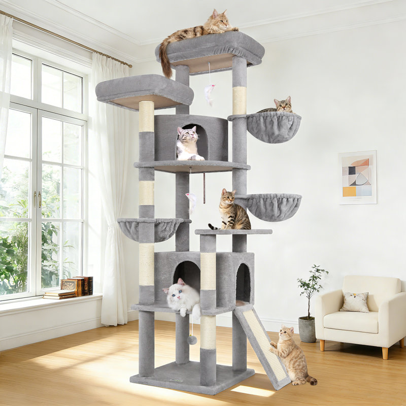 76" Cat Tree For Large Cats, Multi-cat Tower With2 Condos, 3 Hammocks, 6 Sisal Posts, Scratching Board,velvet Playground Suits Cat Tree Small Spaces, Easy Install