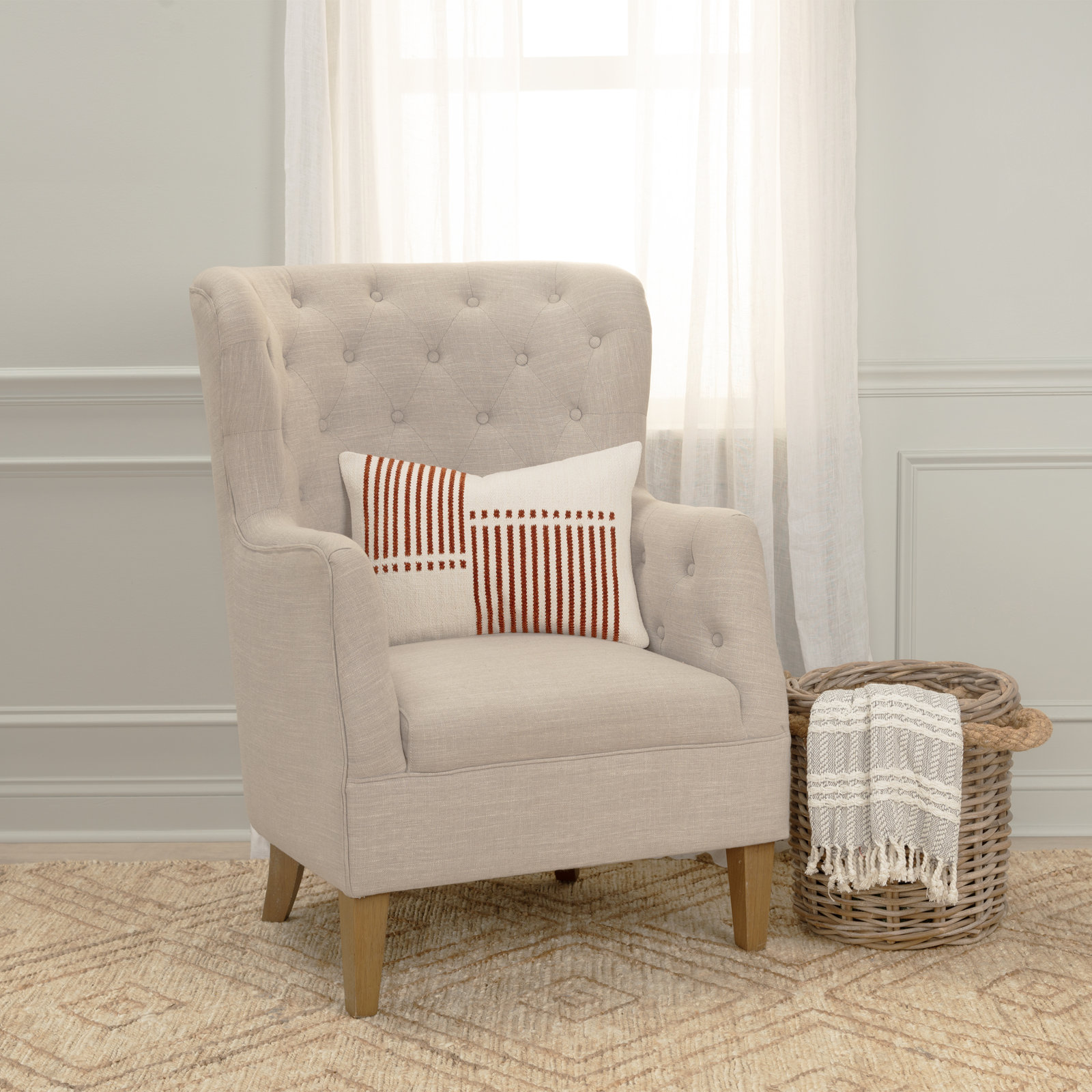 Carlus Striped Cotton Lumbar Throw Pillow, Natural/Terracotta
