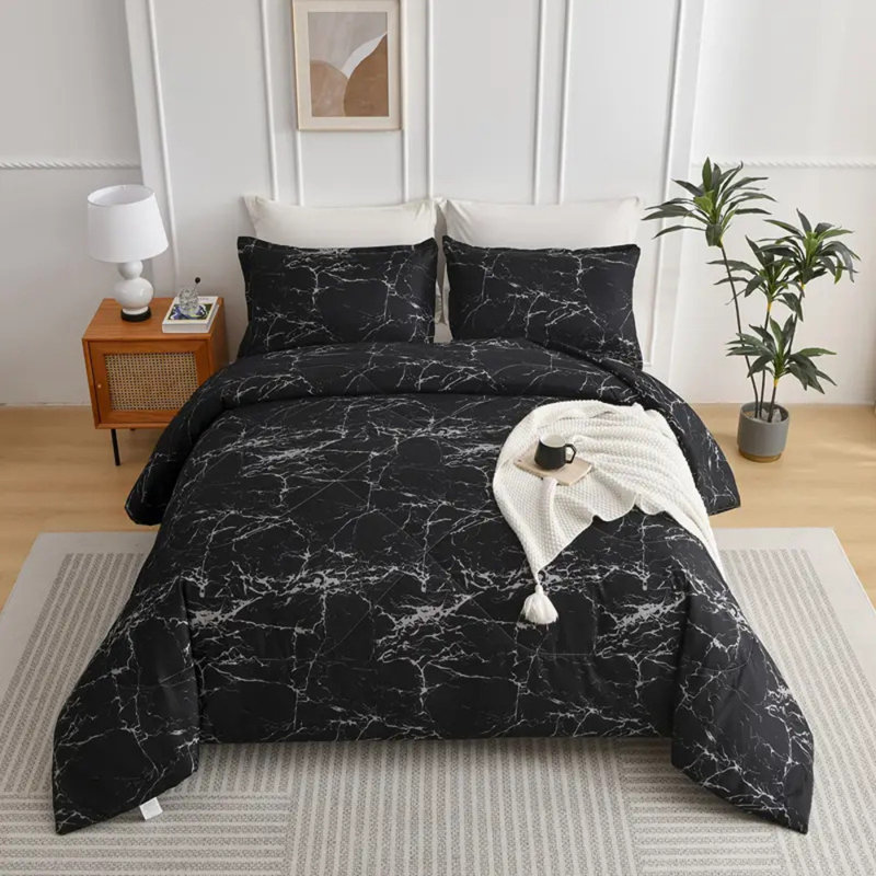 Ensemble d'édredon pour chambre à coucher 2/3 pièces à imprimé marbré noir toutes saisons, Édredon simple + 1 taie décorative