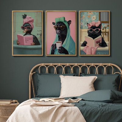 Drôle de spa animal, impression sur toile, ensemble de 3 - Décoration de salle de bain chat noir excentrique pour salle d'eau ou coiffeuse