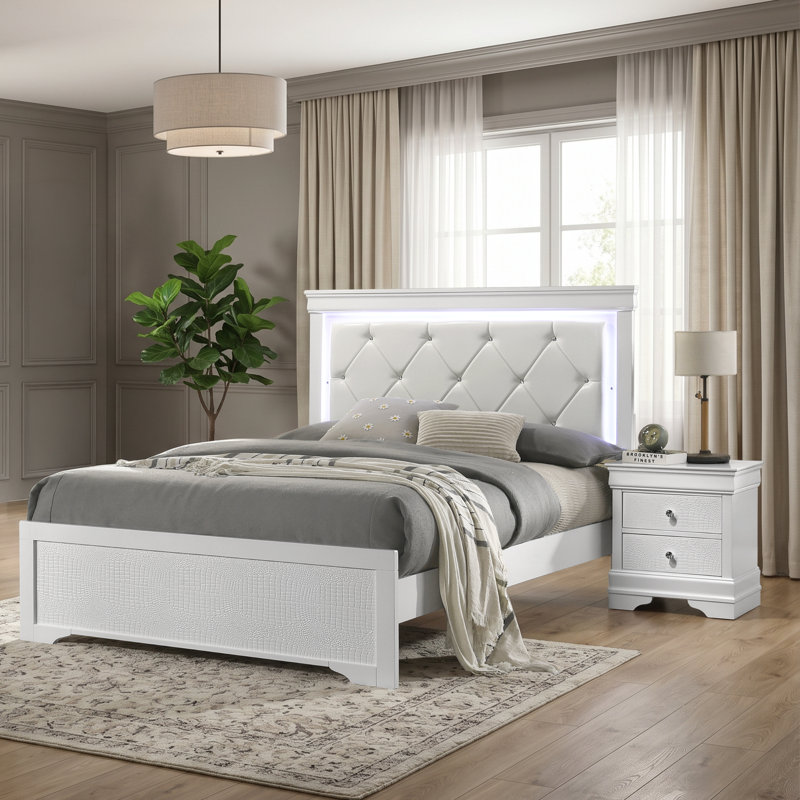 Jaquayvion Queen 2PC - blanc, Blanc, Deux pièces : Lit et table de chevet, Grand