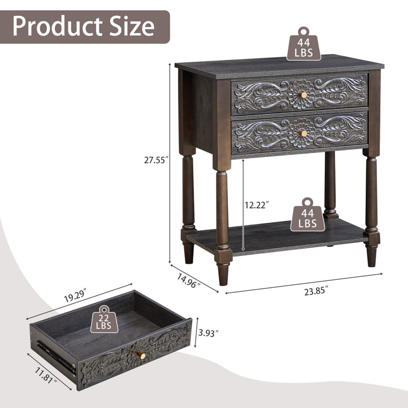 Tables de chevet 2 tiroirs 27,55 po, Noir/gris