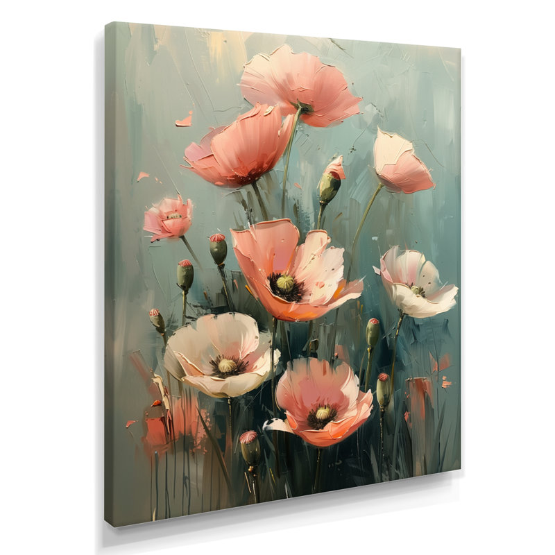 Rose, gris, coquelicots, fleurs, nature morte, charme II - coquelicots, art mural, salon, H 44 po x l 34 po x P 1,5 po