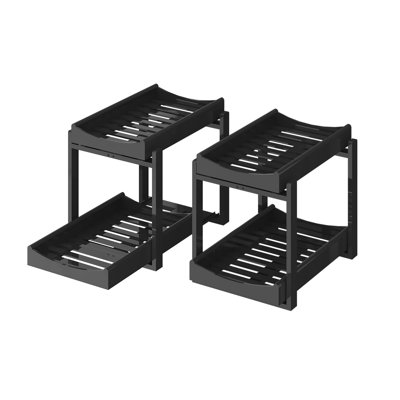 Pull Out Under Sink Organizer, 2-Tier Slide Out Bamboo Cabinet Storage Shelf, 2 Pack, (Black)