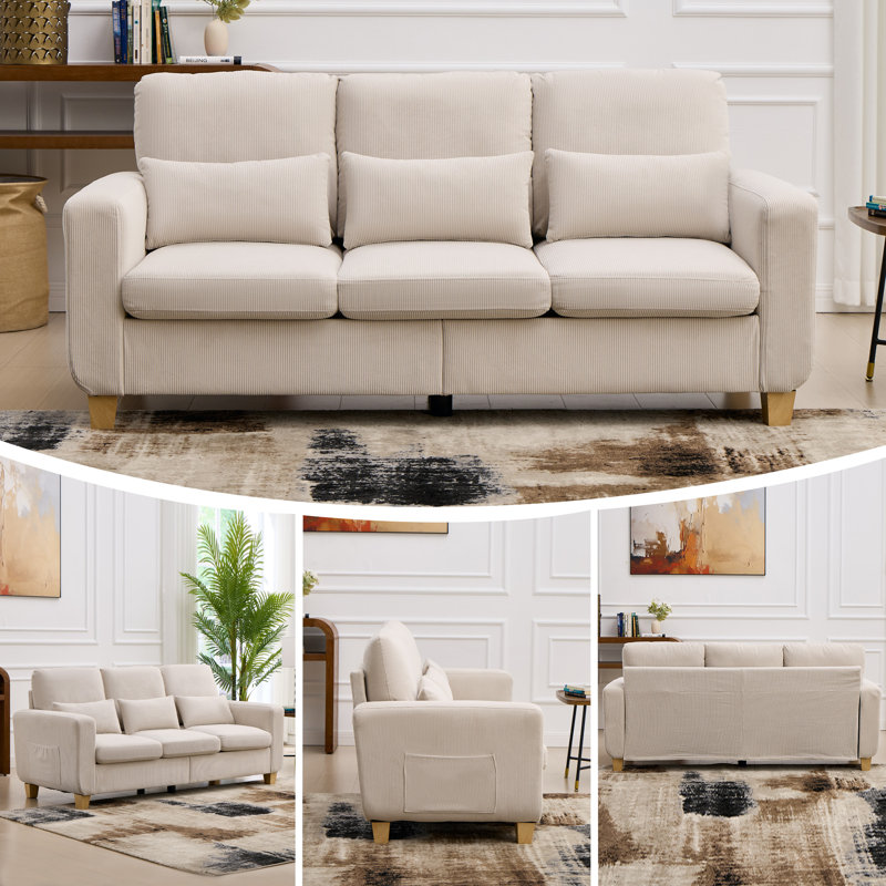 3-Seater Corduroy Sofa with 2 Throw Pillows, Deep-Seated Upholstered Couch with Square Arms, Cosy Living Room Furniture