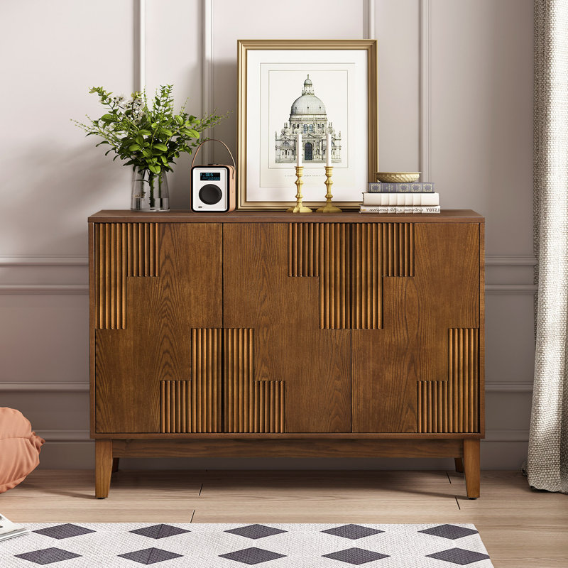 Modern Solid and Manufactured Wood Sideboard with Adjustable Shelves, Walnut