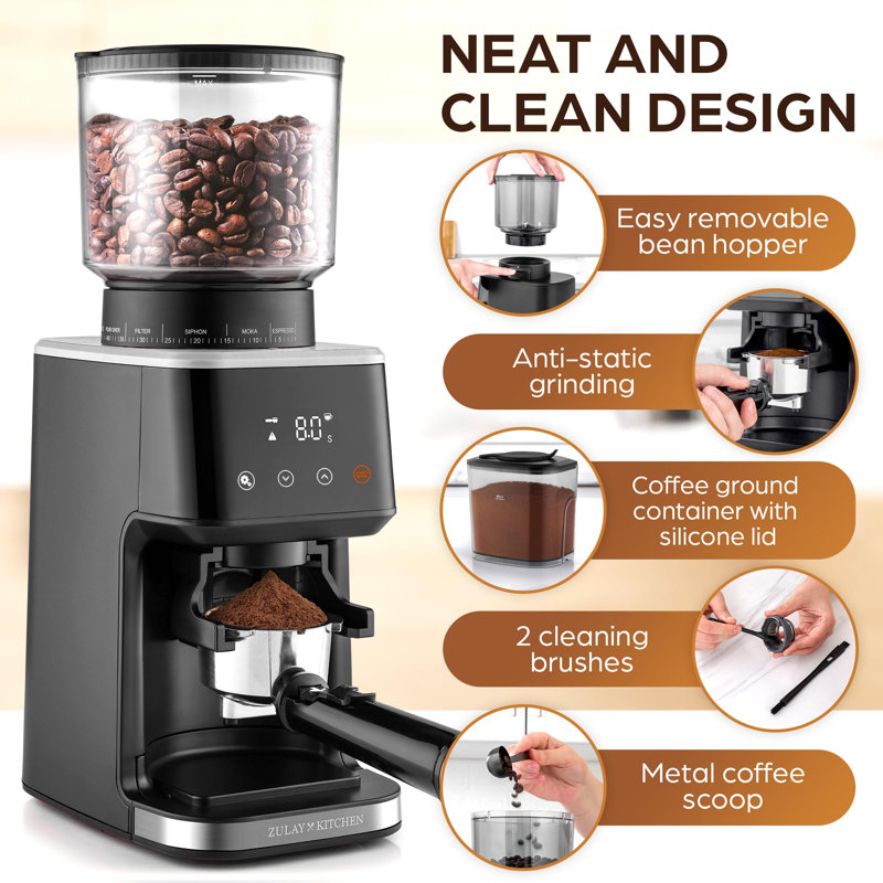 Black Stainless Steel Electric Burr Coffee Grinder with Adjustable Grind