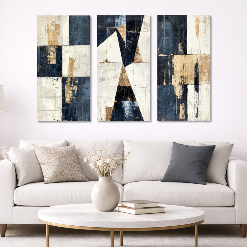 «Minimalist Beige and Blue Cubism Balance - Gold Abstract Cubism», art mural encadré 3 pièces, Toile tendue