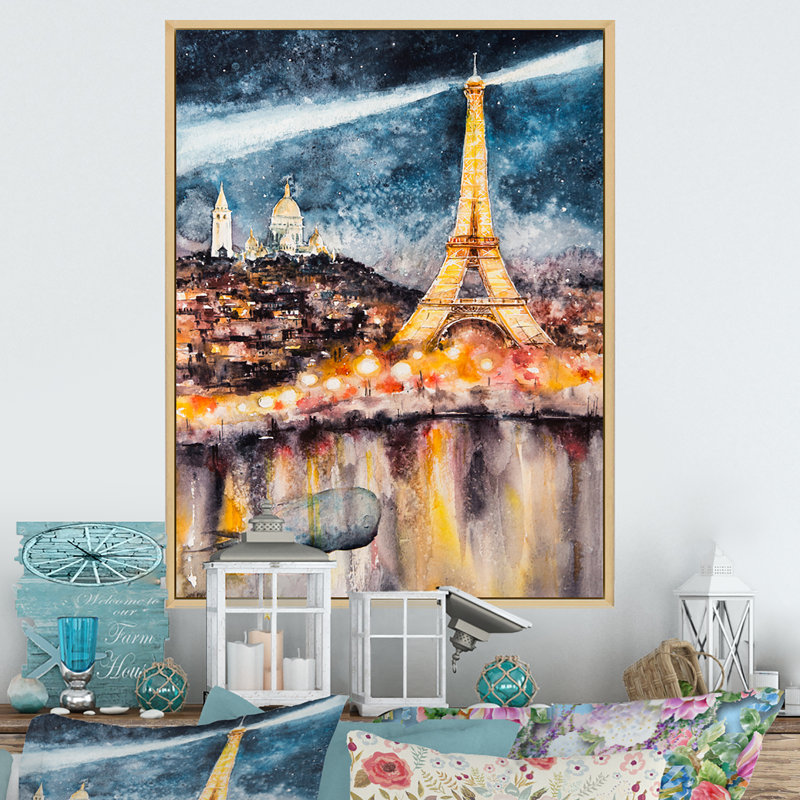 «Paris At Night with Bright Shining Eiffel Tower», reproduction sur toile, H 20 po x l 12 po x P 1 po, Cadre flottant brun