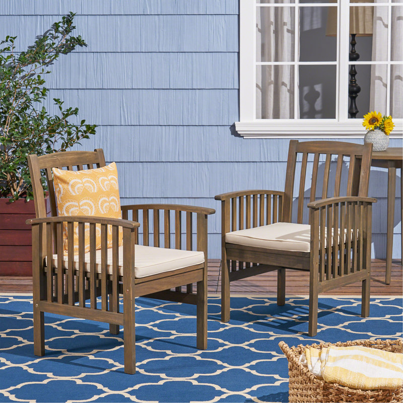 Chaise de salle à manger en acacia, 2 pièces avec 2 coussins, Coussin crème / cadre gris