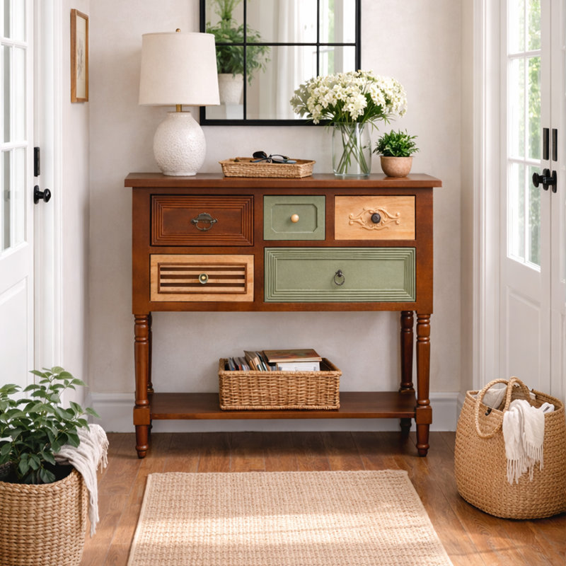 Fienley Vintage 5-Drawers Brown Console Table With Artistic Mixed-Color,Open Storage Shelf