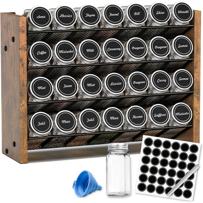 4-Tier Wood Metal Spice Rack Set with 28 Square Glass Jars, Wall Mount & Countertop Spice Organizer with Labels Funnel and Chalk Marker