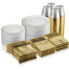 JL Prime 50 Piece Gold Plastic Plates for 25 Guests, Reusable