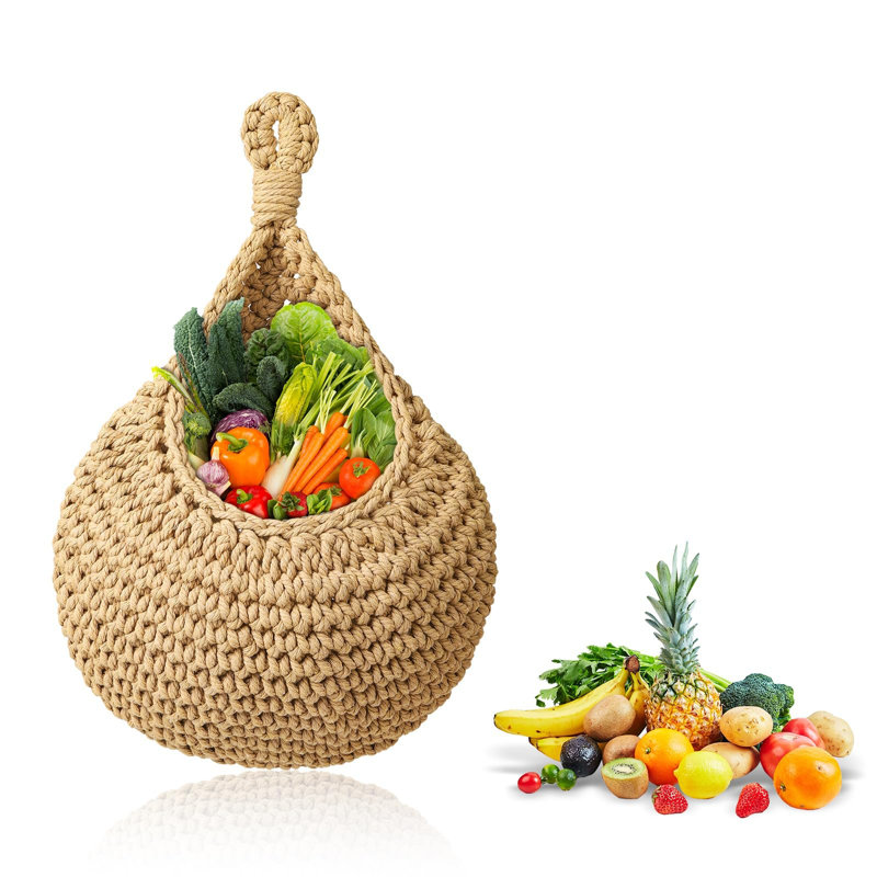 Boho Wall Hanging Fruit & Vegetable Baskets, Woven Teardrop Jute Storage Baskets for Kitchen, Natural Color Organizer for Potatoes & Onions,MS