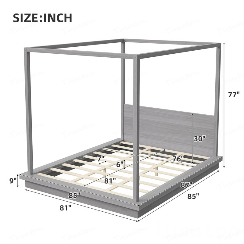 Lit plateforme à baldaquin en bois avec tête de lit, Gris