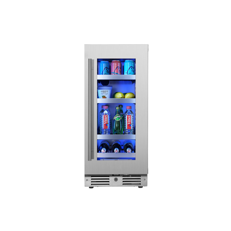 15 Inch Wide 63 Can Capacity Beverage Cooler with alternating (Blue, White, Amber) LED lighting, Door Alarm, Touch Control Panel and Lockable Right Hinged Door