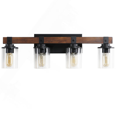 Applique murale de salle de bain 27 po à 4 lumières rustique 27 po avec abat-jour en verre et accent de bois, luminaire campagnard moderne (ampoules non incluses)