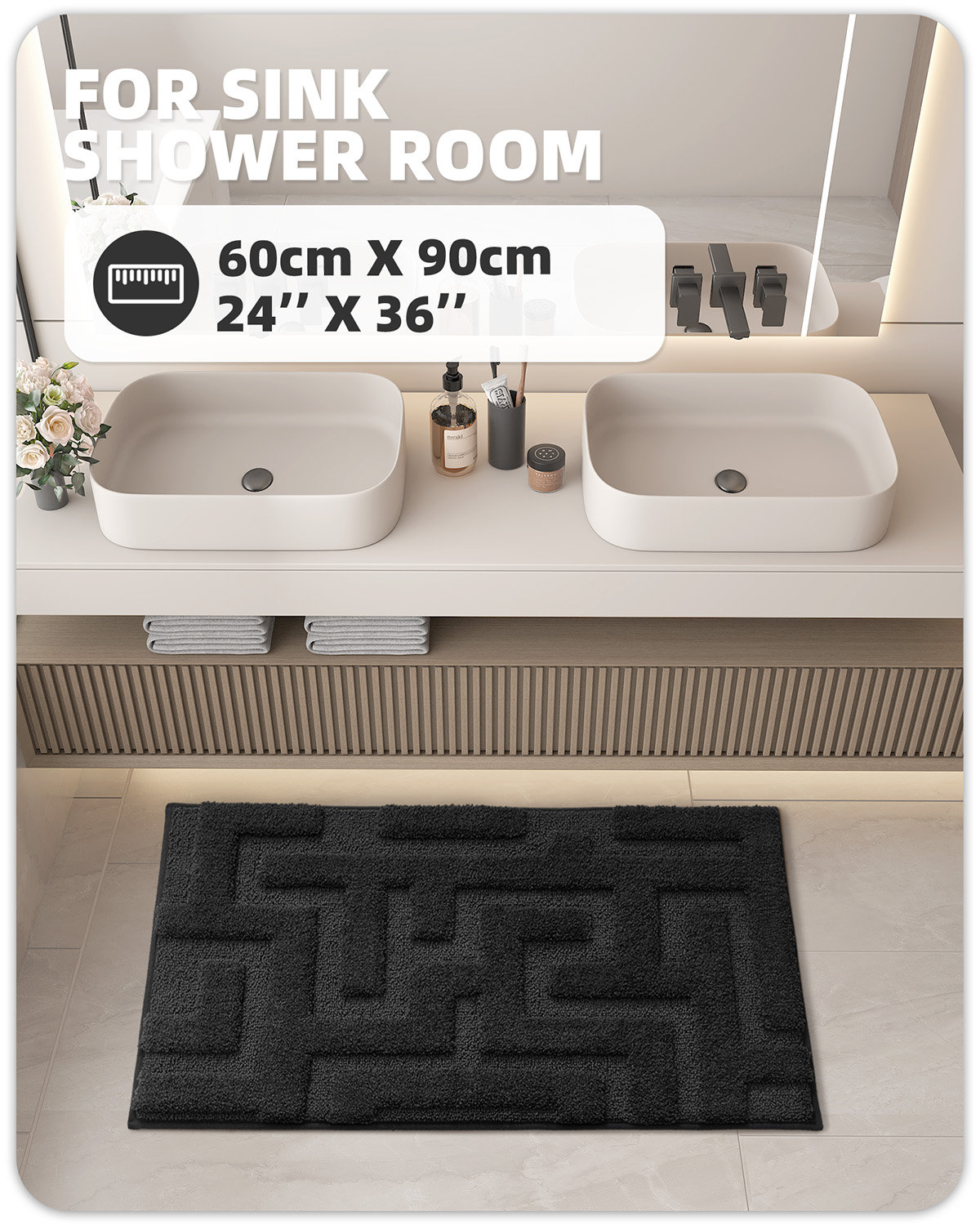 Non-Slip Bath Rug, Black, 24" L x 36" W