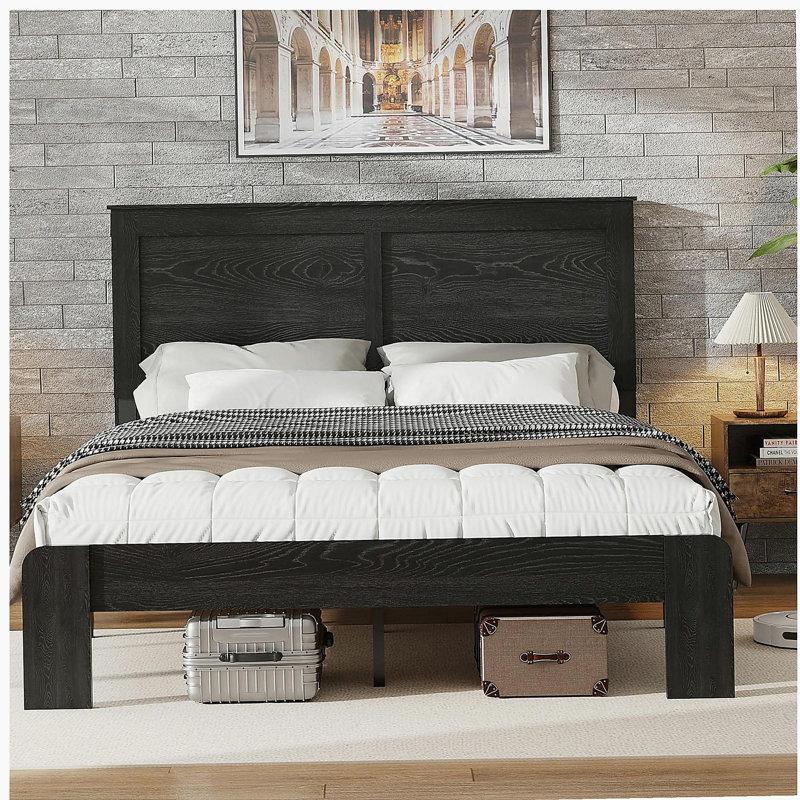 Cadre de lit double, cadre de lit plateforme en bois, silencieux, aucun sommier nécessaire et outil d'assemblage facile, grand rangement sous le lit, noir foncé
