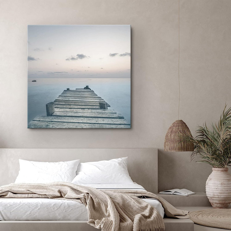 «Coastal Beach Wooden Beach Pier Pastel Sunset Ocean Horizon Nature», reproduction sur toile, H 12 po x l 12 po x P 1,5 po