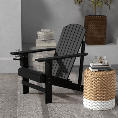 Wooden Chair With Cup Holder, Weather Outdoor Chair, Black, Fits Deck, Garden, Backyard, Fire Pit Wood For Areas, Holder. Weather- Deck. Black. Comfortable & Versatile