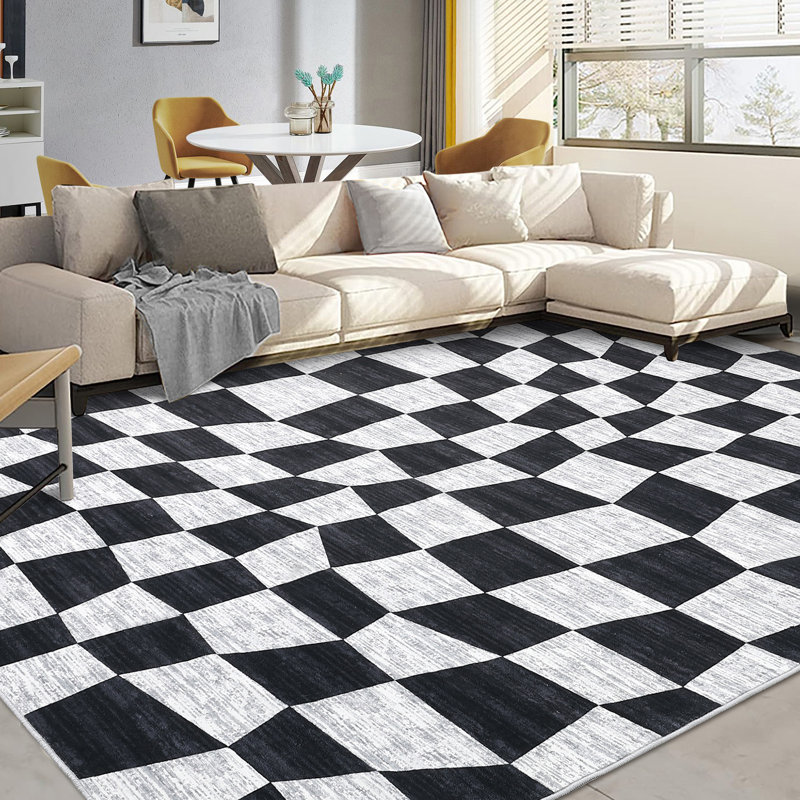 Large Modern Abstract Area Rug 9x12 Washable Stain Resistant Living Room Rug with Non Slip Backing Soft Low Pile Foldable Geometric Floor Carpet for Playroom Nursery Office, Black