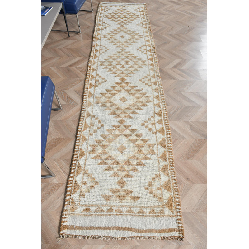 Tapis de couloir beige fait à la main avec motif géométrique rétro pour couloir - tissu turc 3 x 11 pi