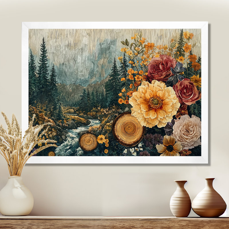 Fleurs d'automne d'automne sur une glissade en bois - Bouquets assortis, Cadre simple, H 24 po x l 32 po, Blanc