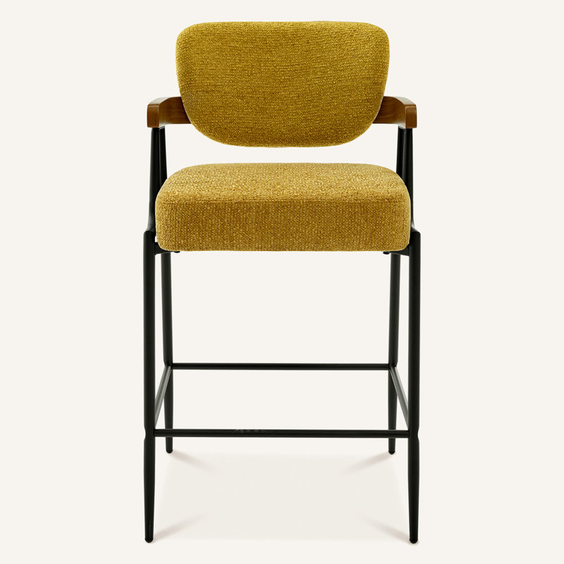 Tabouret de bar enveloppant en noyer avec siège et accoudoirs rembourrés, Jaune