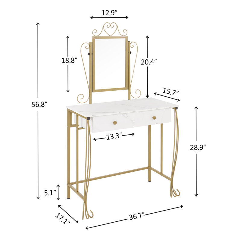 Elegant White and Gold Vanity Table Set with Bench