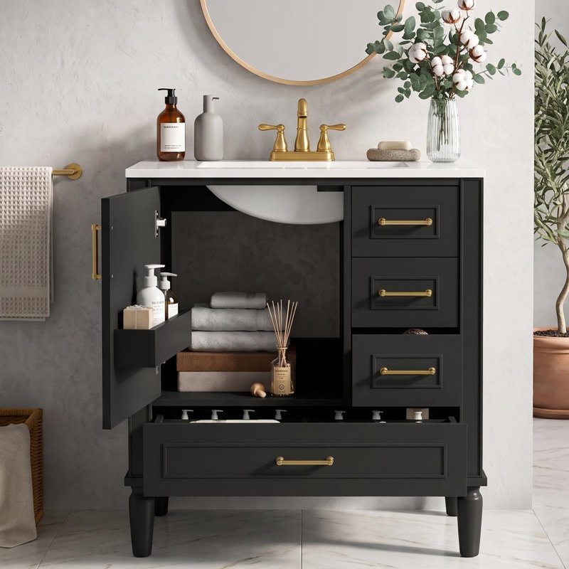 Meuble-lavabo autoportant de 91 cm de largeur avec tiroirs profonds et dessus en céramique, Noir