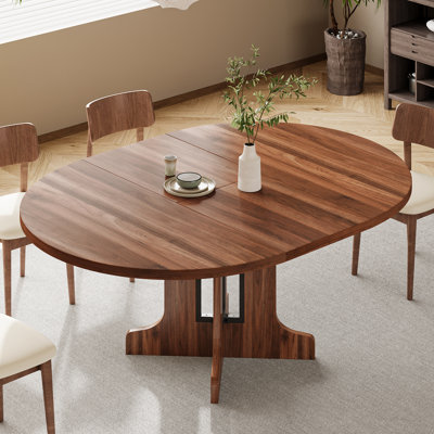 59" Extendable Round Dining Table For 4-8 , Modern Kitchen Oval Dining Table, Space Saving, Wooden Tabletop & Base, Walnut