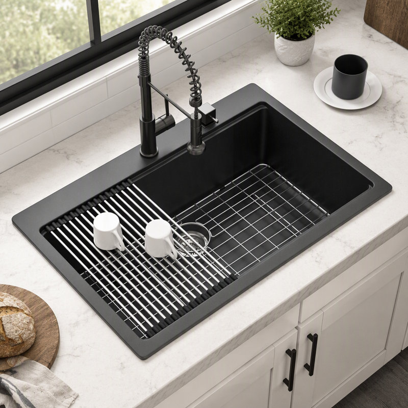 Durable Granite Composite Workstation Drop-In Kitchen Sink with Noise Reduction and Easy Clean Smooth Surface