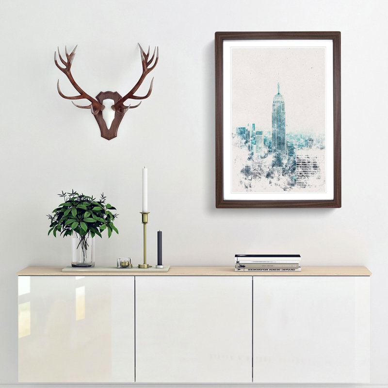 Empire State Building In New York Watercolour - Framed Print, 33cm H x 24cm W x 2cm D, Walnut Framed