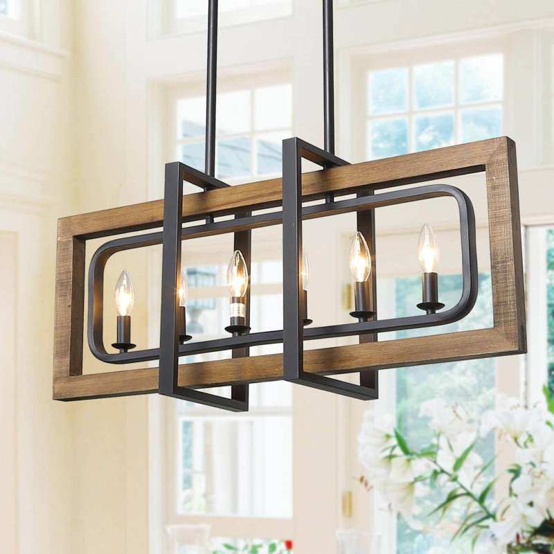 Lustre géométrique de style bougie à 6 lumières avec détails en bois Dayton