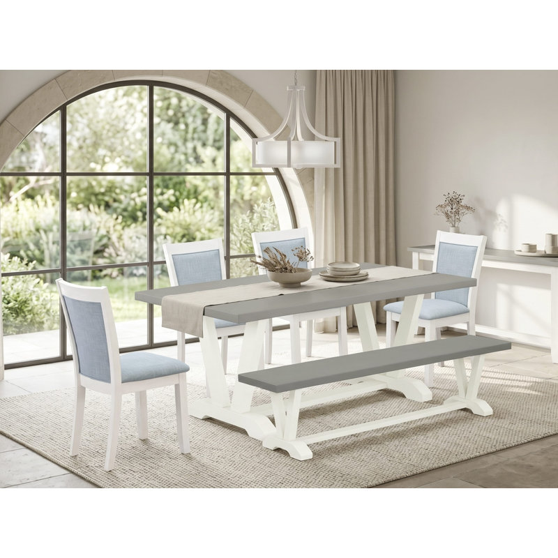 Cet ensemble de salle à manger 6 pièces comprend une table en bois patiné et un banc de salle à manger, ainsi que 4 chaises de cuisine en lin bleu à haut dossier - Lin brossé blanc
