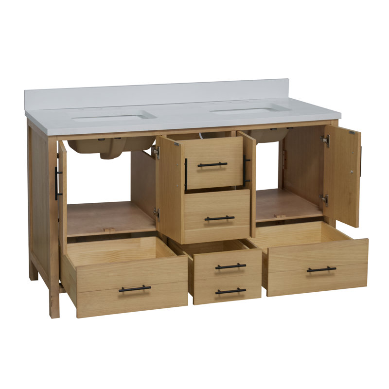 Kiara 60'' Double Bathroom Vanity with Top, Blonde, Matte White
