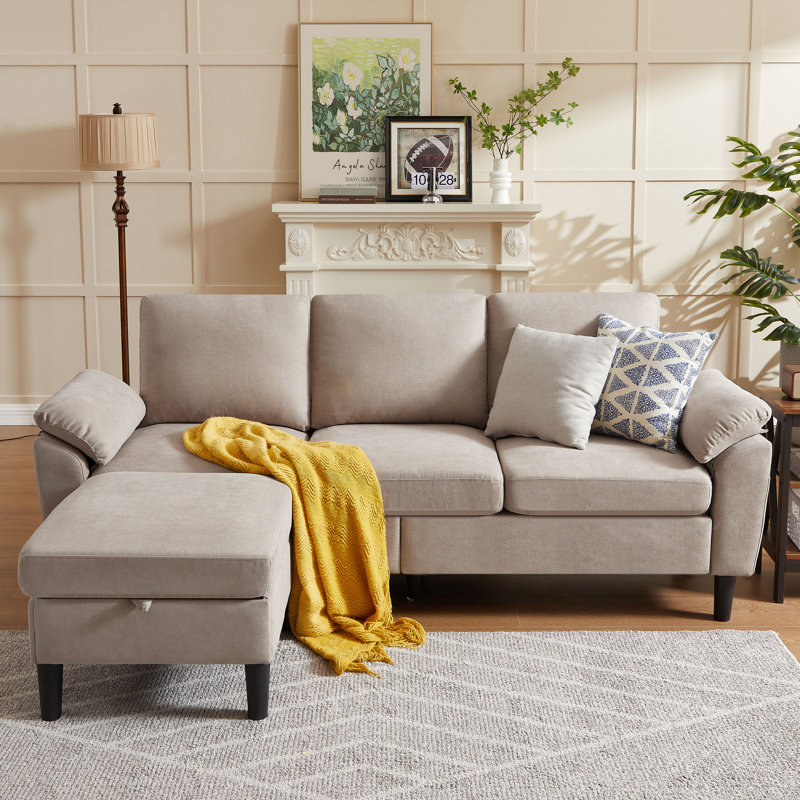 79.5" Wide Reversible Modular Sofa & Chaise with Storage Ottoman, Beige Linen Blend