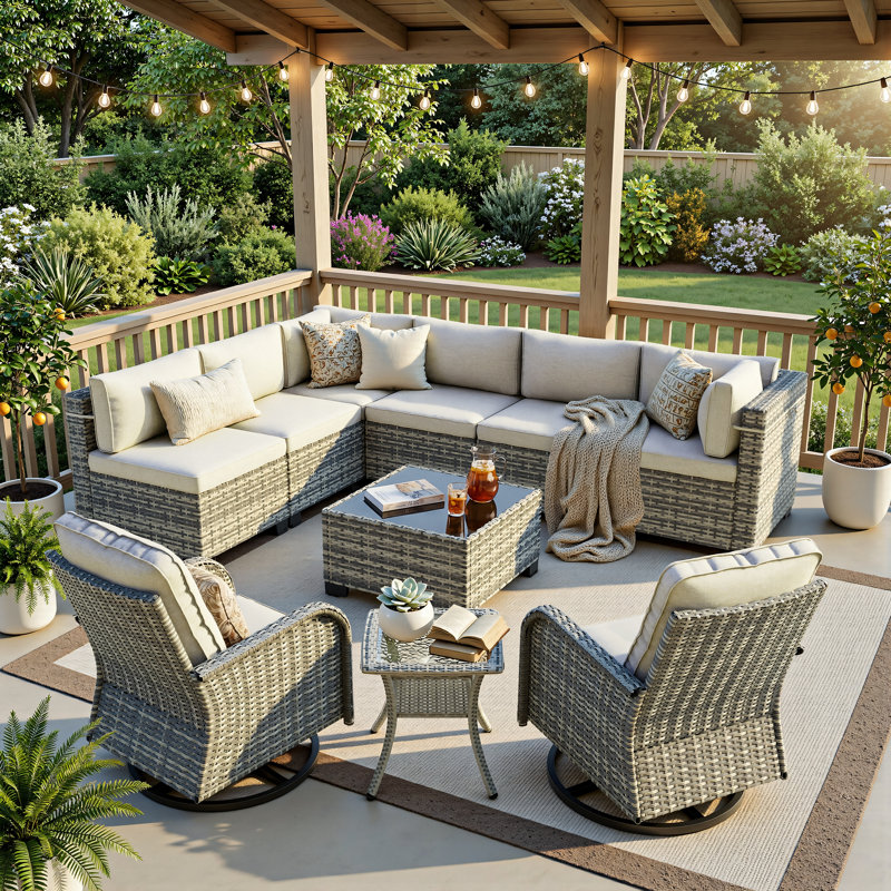 10-Piece Outdoor Wicker Sectional Seating Group With Swivel Rocking Chairs, Coffee Table & Side Table, All-Weather Patio Conversation Set
