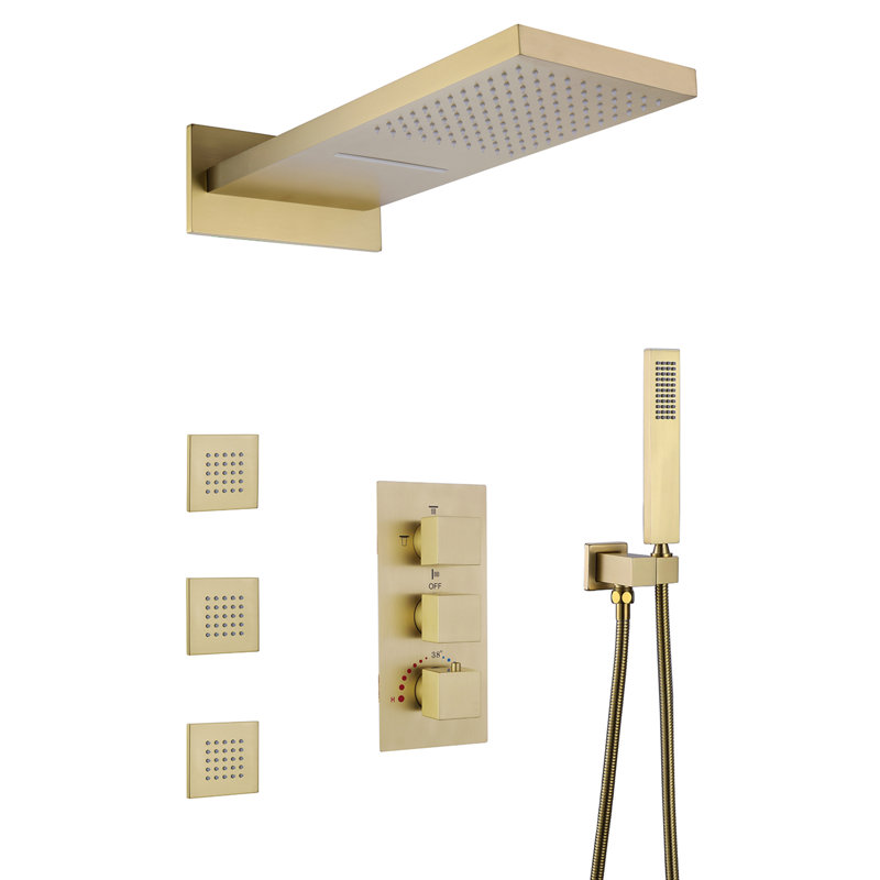 Wall Mounted Complete Shower System With Thermostatic Valve, Brushed Gold