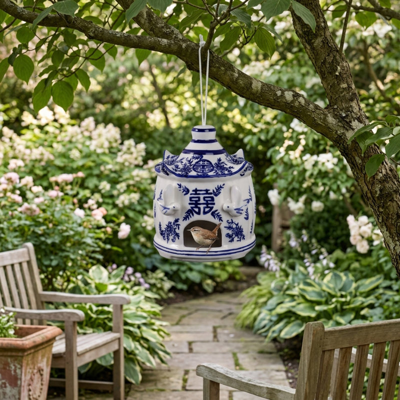 Sagebrook Home 8X7" Chinoiserie Large Pagoda Bird House, White/Blue