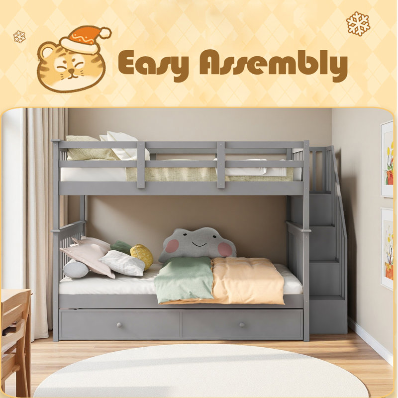Stairway Full-Over-Full Bunk Bed With Twin Size Trundle, Storage And Guard Rail For Bedroom, Gray