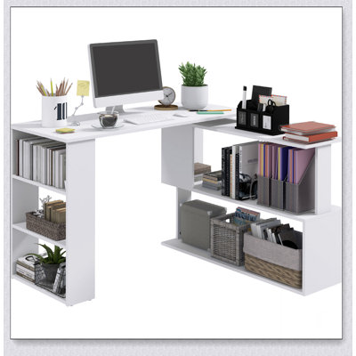 Bureau d'angle en L, bureau à domicile rotatif à 360 degrés avec tablettes de rangement, poste de travail de table d'écriture