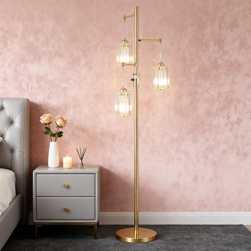 Lampe sur pied moderne en cristal à intensité variable avec 3 lumières, lampe sur pied de style industriel pour salon, chambre à coucher ou bureau avec gradation continue et fabrication en métal robuste