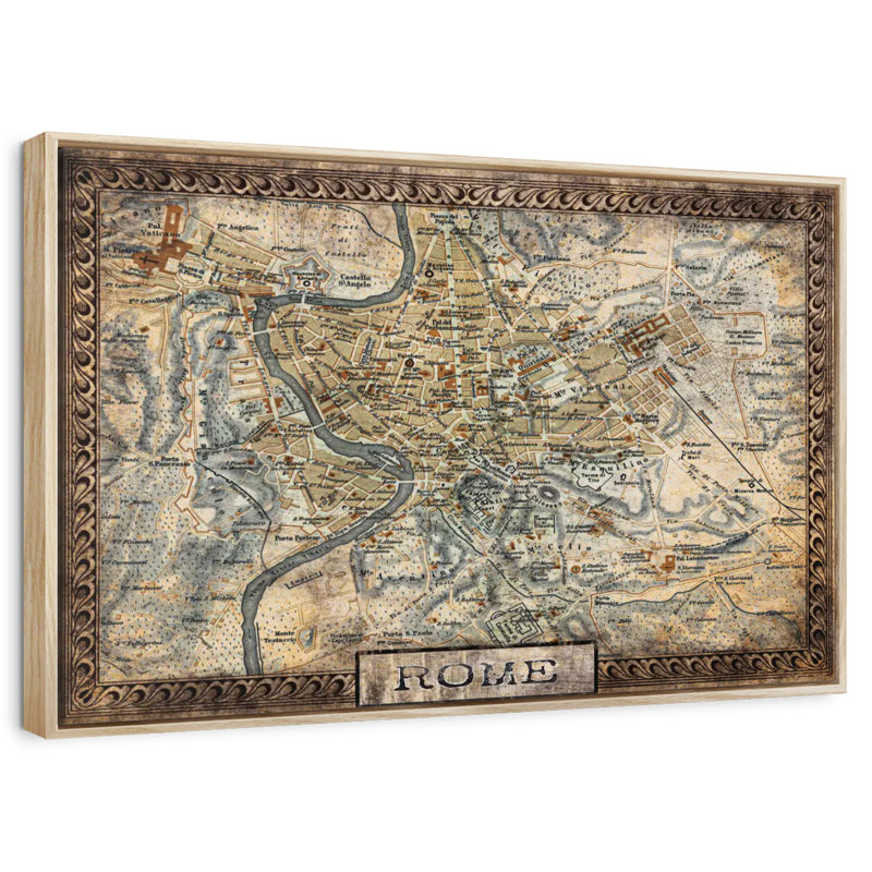 Carte rétro de la ville de Rome, Cadre flottant en bois naturel, 40 po x 27 po