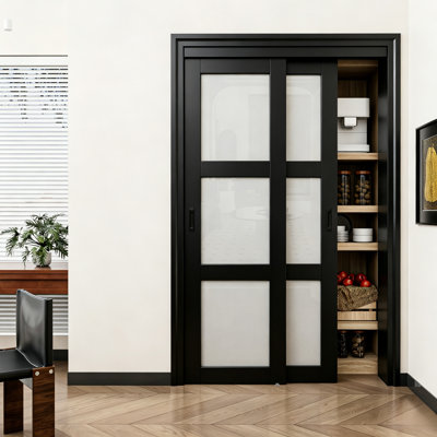 80"H 3-Lite Frosted Tempered Glass Sliding Closet Door with Hardware Kit & Handles