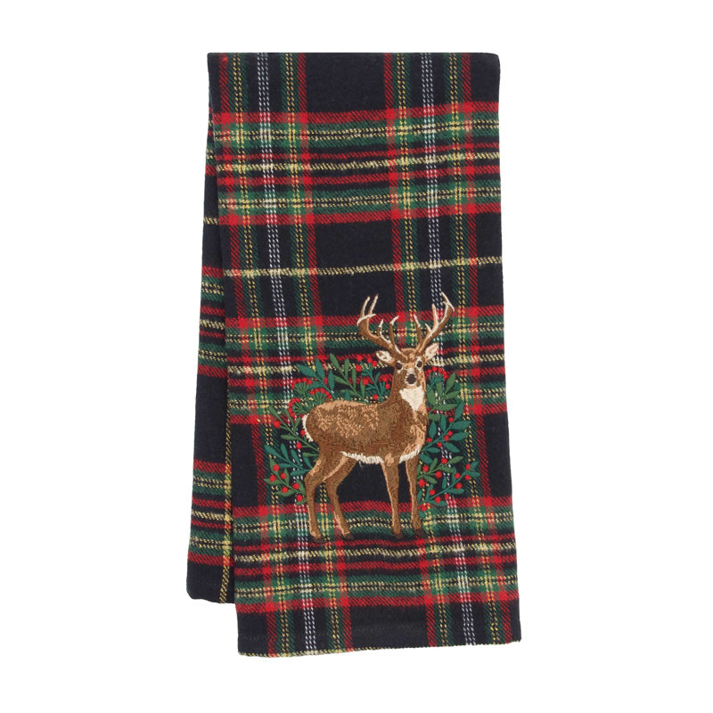 Broderie botanique cerf brodée sur tissu écossais